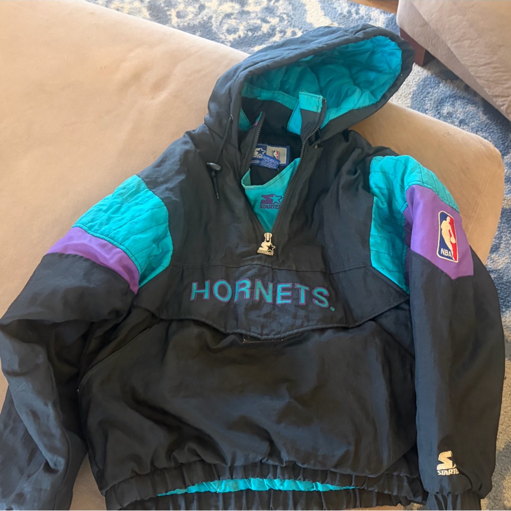 STARTER Kids Charlotte Hornets Black Teal Purple Pullover Puffer Jacket